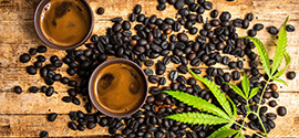 Cup with coffee, coffee beans and hemp.