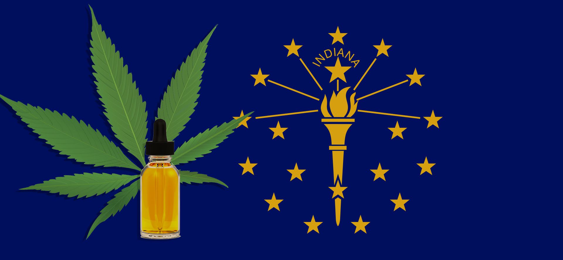 CBD oil bottle and Indiana flag.